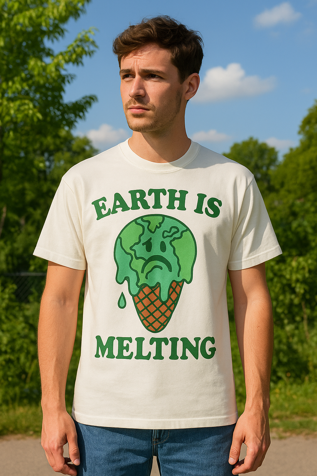 Unisex Eco Graphic T-Shirt – EARTH IS MELTING Sad Globe Ice Cream Print Tee
