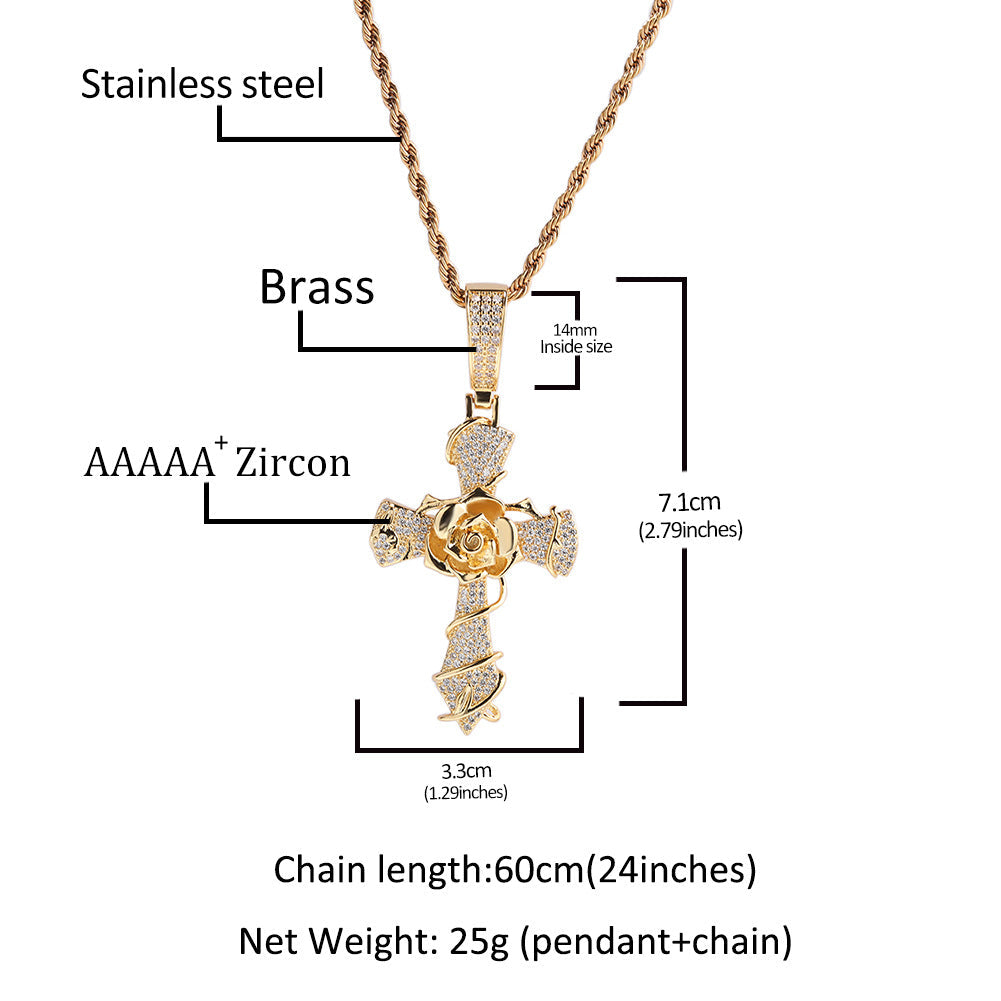 Hip-hop rose cross necklace with 5A zircon inlay